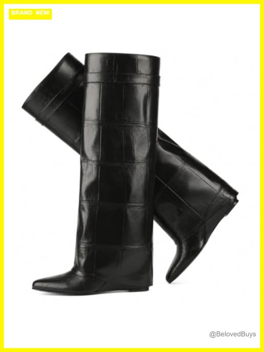 GORBINETI Knee High Wedge Boots Fold-Over Shark Boots Faux Leather Pointed Toe